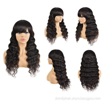 Wholesale 100% Human Hair Brazilian Remy Hair Loose Deep Wave Wigs With Bangs Full Machine Made Wigs No Lace Wigs For Women